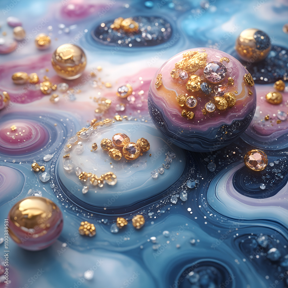Aufkleber Smooth waves of marble in shades of blue and pink are set off by golden figures drowned in shimmering sequins and crystals. The objects are neatly spaced to create a luxuriously expensive backdrop