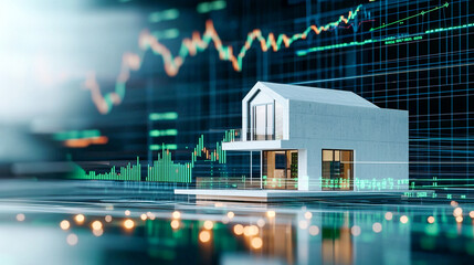 Modern architectural model with financial data background reflecting market trends