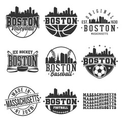 Boston, MA, USA Sport Bundle Vector Art. City Skyline School Team Emblem.