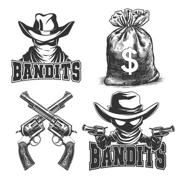 Bandits Illustration Clip Art Design Shape. School team Mascot Silhouette Icon Vector.