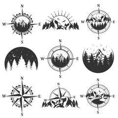 Compass Mountain Illustration Clip Art Design Shape. Night Landmark Silhouette Icon Vector.