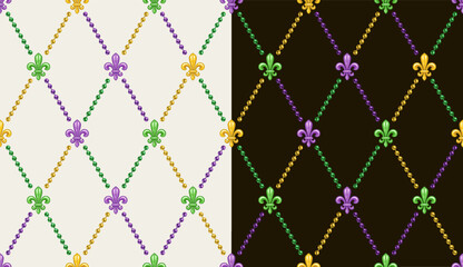 Geometric pattern with colorful fleur de lis symbol. Diagonal rhombus grid. Decoration for Mardi Gras carnival. Vintage style illustration © OA_Creation