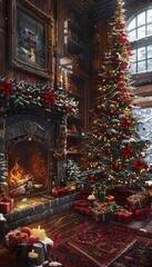 Fototapeta premium Warm and inviting living room scene couple exchanging gifts in a cozy candlelit atmosphere