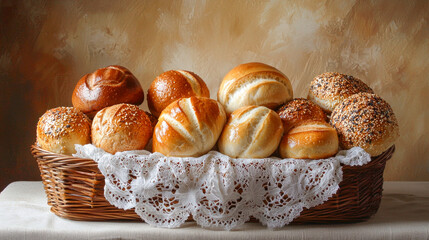 Variety of freshly baked bread rolls in a basket with lace cloth