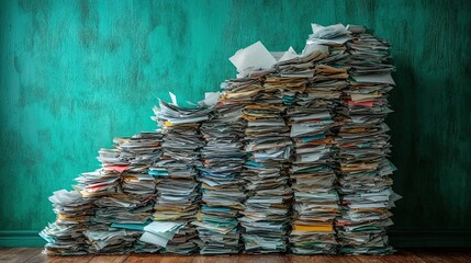 a desk with an overflowing inbox of papers against green background
