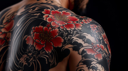 Japanese Irezumi tattoo on shoulder with red flowers