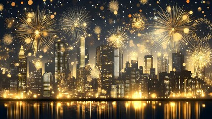 sylwester 2024/2025, sztuczne ognie, złote fajerwerki, noc sylwestrowa, celebracja nowego roku, ilustracja cyfrowa, ciemnoniebieskie tło, kieliszki do szampana, elegancja, miasto nocą, glamour, błyszc