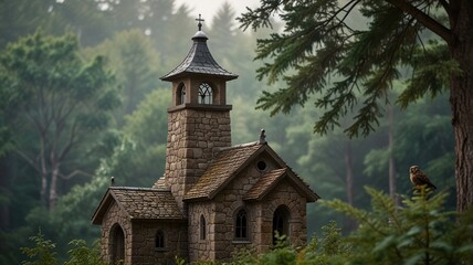 Stone Chapel in Misty Forest