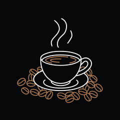 Obraz premium a minimalist design of a coffee cup, outlined in white against a black background. The cup is filled with a dark beverage, suggesting coffee