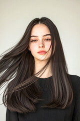 Naklejka premium Young hispanic female with long black hair and flowing locks on light background