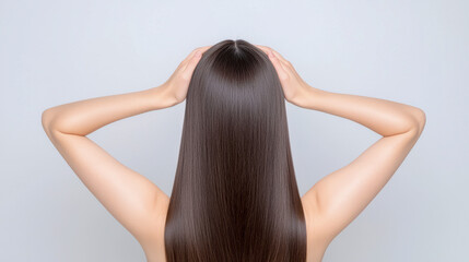 Fototapeta premium Smooth long brown hair of young asian female viewed from behind