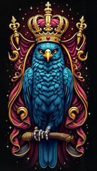 Naklejka premium Regal blue bird wearing a golden crown surrounded by rich curtains and stars for t-shirt design