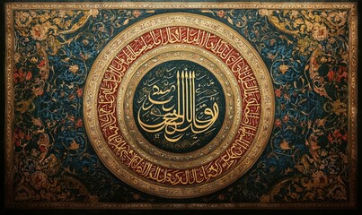 Ornate circular Islamic calligraphy, gold leaf, floral border.