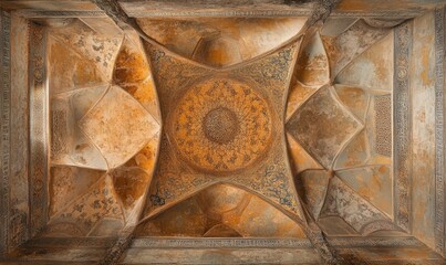 Ornate, aged ceiling; intricate carvings, calligraphy.