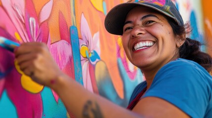 Naklejka premium The vibrant smile of a street artist creating murals in an urban neighborhood, Symbolizing cultural expression amidst city revitalization, photography style