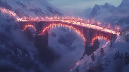 A glowing bridge spans a snowy valley, illuminated by warm lights against a mountainous backdrop.