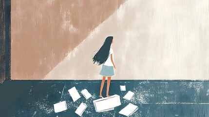 minimalistyczna ilustracja, zniekształcone odbicie, psychiczne rozbicie, emocjonalny chaos, zewnętrzna cisza, wewnętrzna burza, rozpad osobowości, samotność, odbicie w lustrze, rozbicie tożsamości, zm