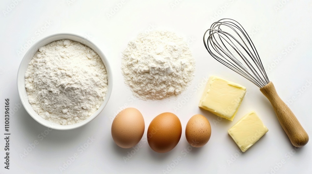 Poster flour, eggs, butter, and a whisk are organized neatly on a white background, offering a clean view p