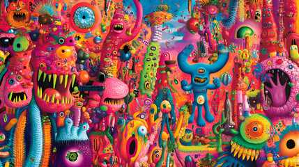 Fototapeta premium A vibrant and colorful illustration of a fantastical world with many characters and creatures in a psychedelic style. Psychedelic. Illustration