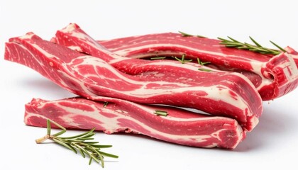 Fototapeta premium Close-up of raw lamb ribs with rosemary on white background. AI generated.