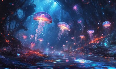 Obraz premium Glowing jellyfish illuminate a magical underwater forest.