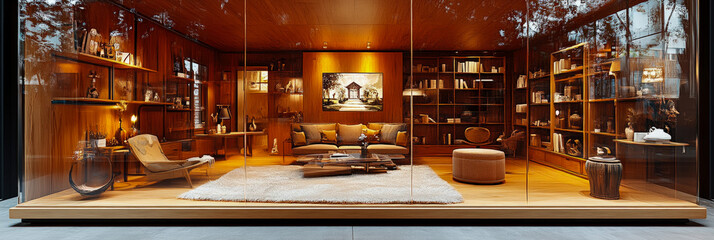 Naklejka premium The elegant living area boasts modern furniture, wooden accents, and abundant natural light, creating a welcoming space for relaxation and entertainment
