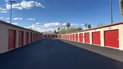 Corridor of self storage unit with red doors. Rental Storage Units