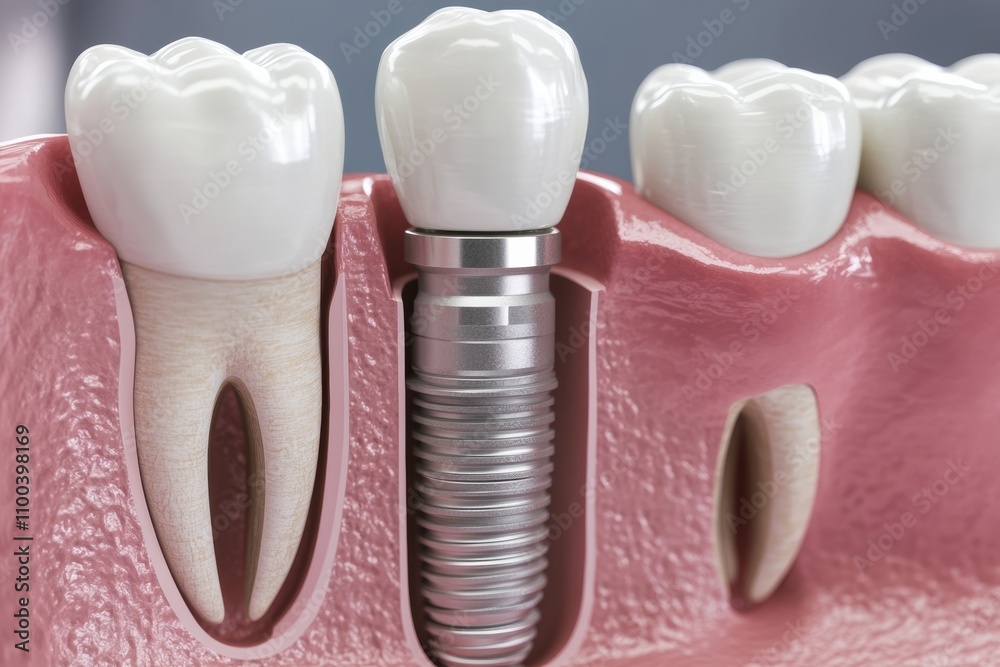 Poster close-up view showcases a dental implant securely placed in the jawbone with an attached porcelain c