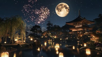 Naklejka premium Serene Japanese Garden Under a Full Moon Decorated with Lanterns