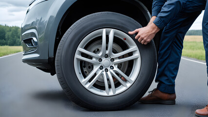 Close-up of a man fixing a car wheel on the road