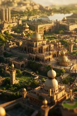 Fototapeta premium Golden city, bustling crowds, ornate mosques.