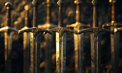 Ornate swords, golden sunlight, dark background.