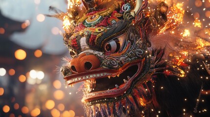 Naklejka premium A vibrant dragon mask adorned with colorful details, symbolizing cultural festivities.