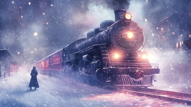 A vintage steam train in a snowy landscape, evoking a sense of nostalgia and travel.