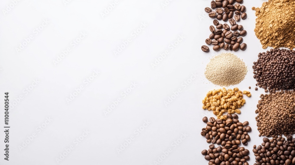 Poster different types of coffee beans and grounds are artfully spread on a clean white surface, offering a