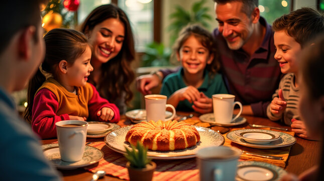 Family Celebrating Epiphany with   Round Cake Pastry  And Hot Chocolate, Festive Table Gathering 
 Celebration