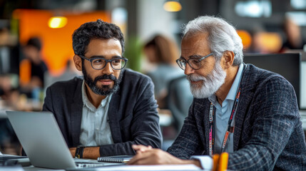 Obraz premium Two men collaborate on a project at a contemporary office, exchanging ideas while viewing a laptop screen in a dynamic, creative environment