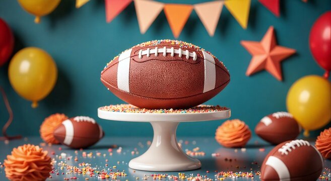 A football cake surrounded by sprinkles and party decor creates a colorful festive theme, perfect for rugby big games parties and sports celebrations