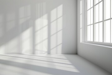 Fototapeta premium White studio background with window shadows for product presentation.