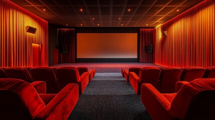 Fototapeta premium Cinema room with blank screen and empty space. Red seats and curtains. Concept of leisure, entertainment, cinema and theater.
