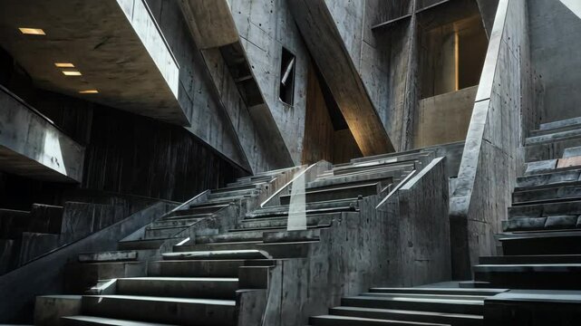 Cold, empty brutalist theater with exposed concrete balconies and stark, angular seating, creating an oppressive, alienating atmosphere. . 4K Video