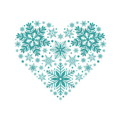 Blue snowflakes heart ornament, detailed hand drawn vector line illustration. Graphic outline drawing. Snowflakes heart silhouette for Christmas, New Year or Valentines&rsquo; day card, frosty winter design