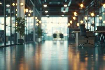 Fototapeta premium Blurred empty open space office. Abstract light bokeh at office interior background for design.