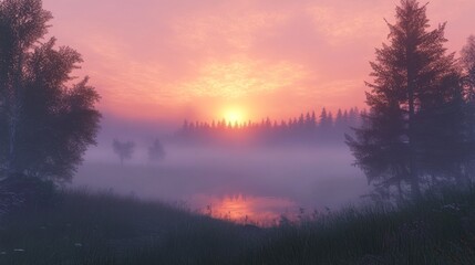 Fototapeta premium Misty Sunrise Over Foggy Forest Lake