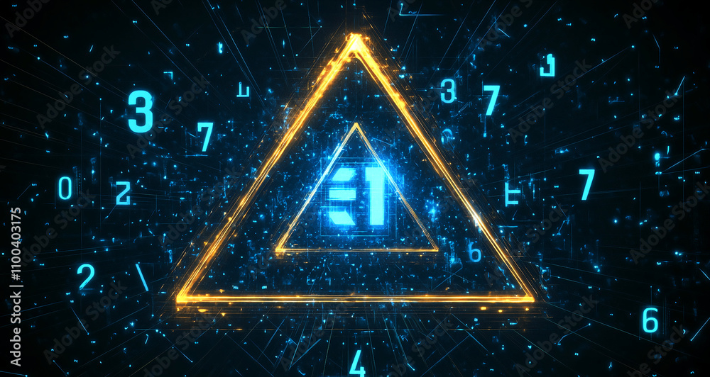 Poster Digital technology visual featuring glowing triangle and numbers in a vibrant blue and yellow palette
