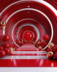 Chineses New Year podium. Vibrant red tunnel with decorative spheres and striped flooring.