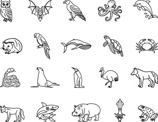 Fototapeta premium Animal Icons. Vector Illustrations of Owl, Bat, Eagle, Octopus, Dolphin, Hedgehog, Parrot, Whale, Turtle, Crab, Snake, Penguin, Cassowary, Wolf, Shark and Others
