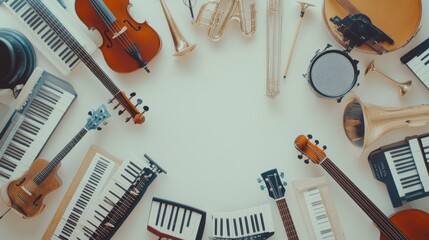 Various types of musical instruments arranged in a circle, symbolizing harmony and diversity in music, minimalistic photography style