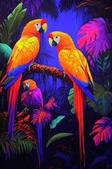 Obraz premium Vibrant macaws in lush, neon tropical foliage.
