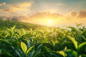 Obraz premium Green tea plantation at sunrise time nature background.